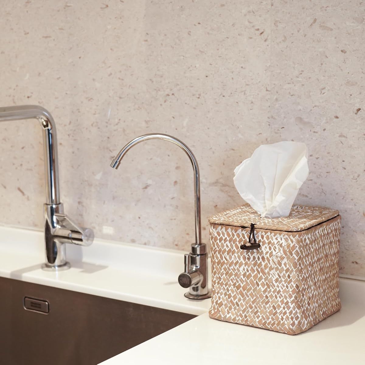   woven tissue box cover boho farmhouse plastic napkin holder with lid square     5 9x5 7x5 7 inch for bathroom living room kitchen bedroom   Product details 0