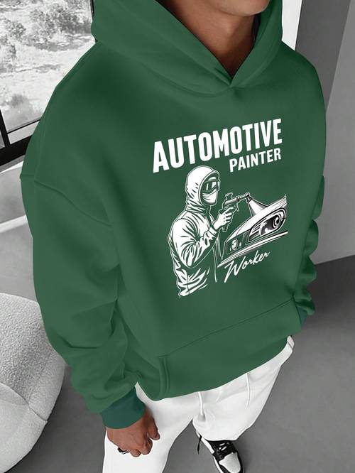 mens automotive painter graphic hoodie red casual pullover with paint spray loose fit polyester machine washable for fall winter