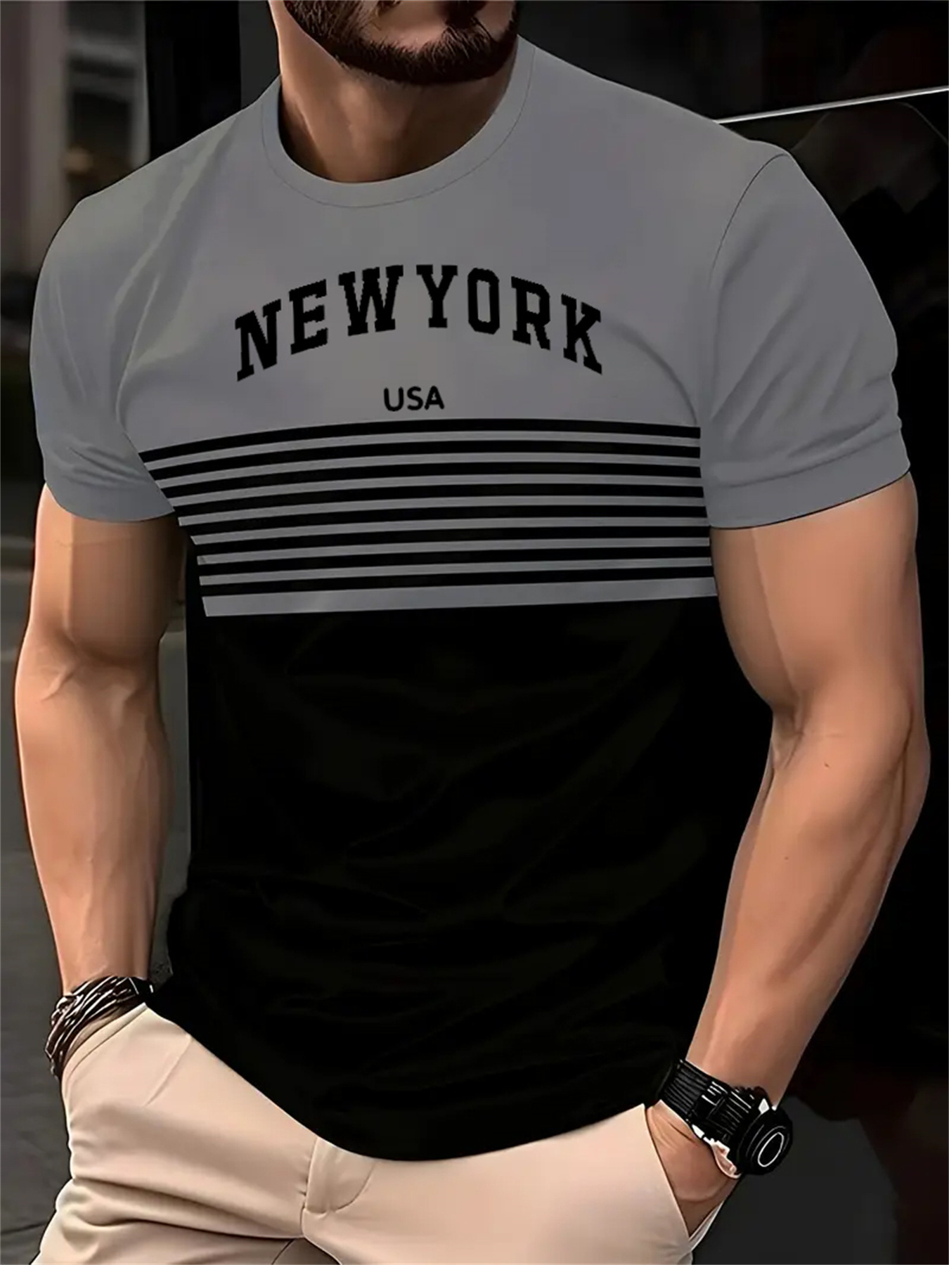 Men's New York USA 3D Print Striped T-Shirt - Casual Summer Sportswear, Oversized Red and White Short Sleeve Tee with Asymmetrical Stripes