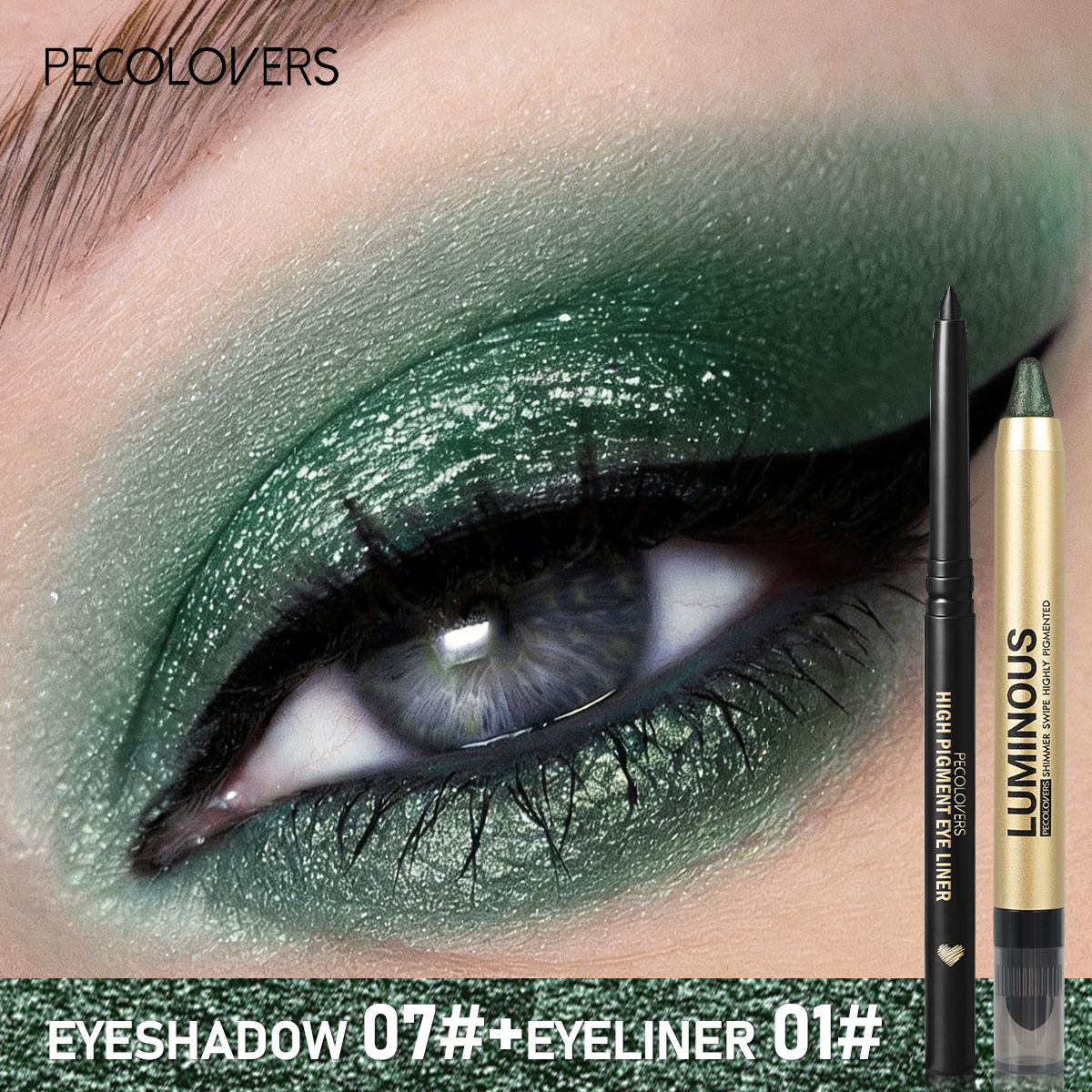 Image of 2pcs Eye Set, Green Eyeshadow And Black Eyeliner, Makeup, Waterproof And Long-lasting, Suitable For Holiday Makeup