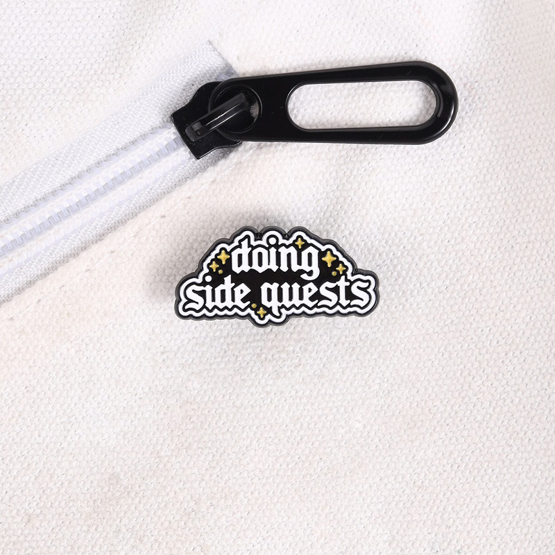 Unique Retro Side Quests Brooch, Text Badge for Clothing