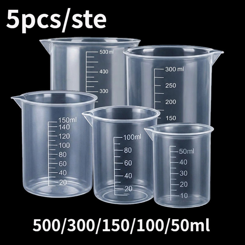 TEMU 5pcs Set Of Transparent Plastic Measuring Cups, Laboratory Graduated Beakers. Sizes: 0.34oz / 1.01oz / 1.69oz / 3.38oz / 5.07oz / 10.14oz /