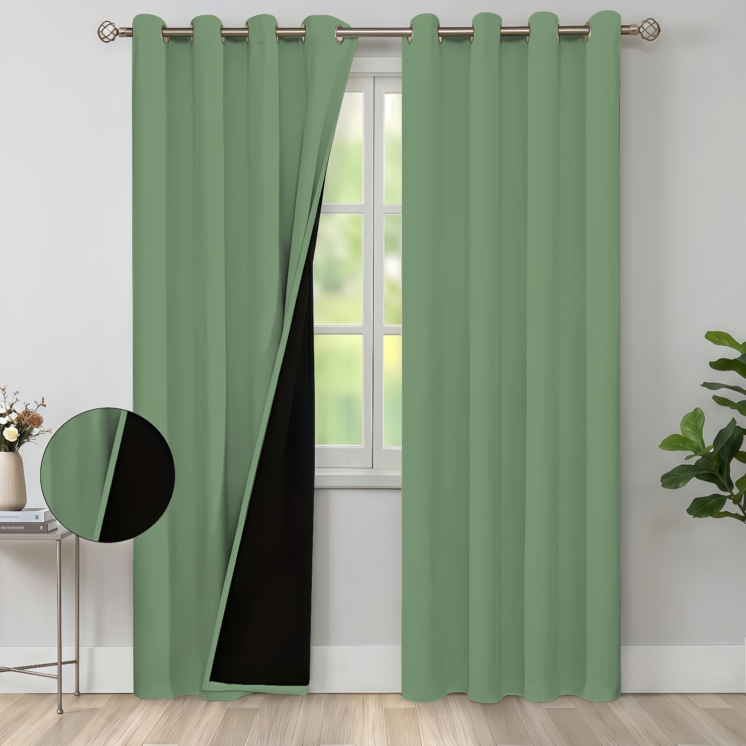 TEMU 2pcs Solid Sage Green Fabric Curtains, Soft Neutral Minimalist High Density Polyester Rectangle Pencil Double Layer Drape With Black Blackout