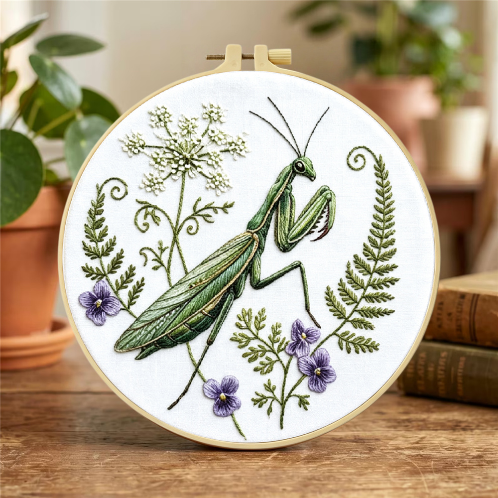 Mantis Insect Grass Pattern Handmade Embroidery Kit