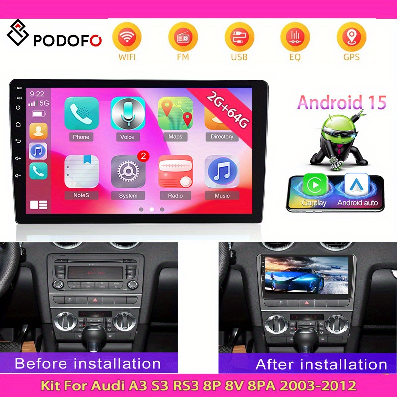 Podofo 2G 64G 15 Radio za Audi A3 S3 RS3 8P 8V 8PA 2003-2012 (Okvir vključen) 9-palčni zaslon na dotik z brezžičnim Carplay, navigacijo, GPS,