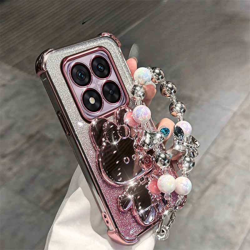 TEMU Phone Case - Cute Rabbit Makeup Mirror Stand Case For Xiaomi Redmi Note 14 Pro Plus 4g 5g Luxury Bracelet Protective Case