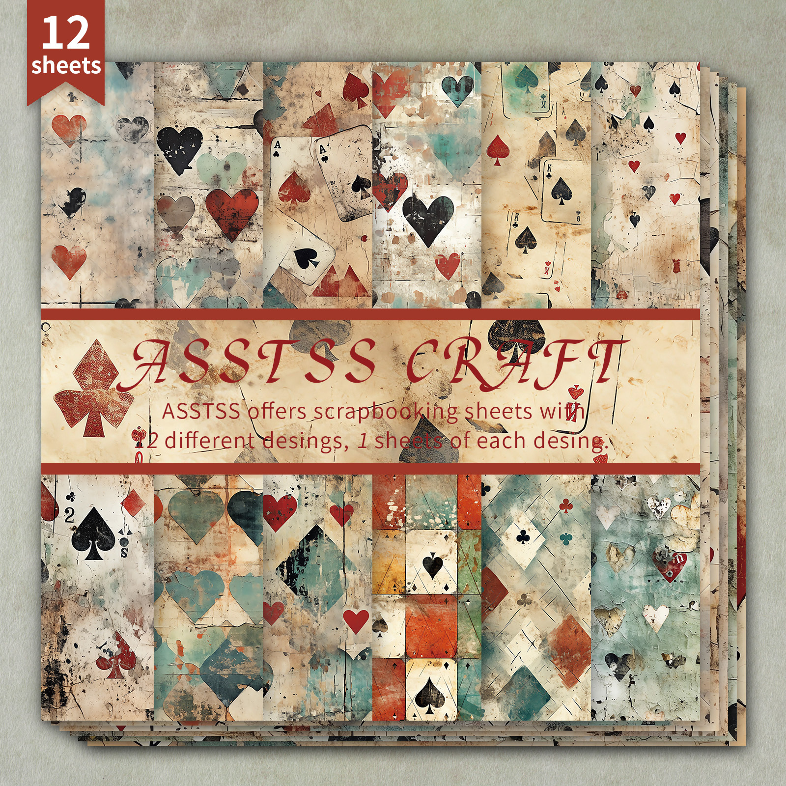 TEMU 12-sheet Asstss Inches Scrapbooking Paper Pad, Vintage Grungy Poker Distressed Playing Card Style Backing Paper Supplies, Heavyweight Cardstock