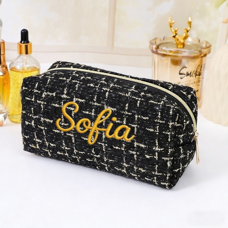 TEMU Neceser de maquillaje bordado con personalizado - Bolsa de cosméticos con de tartán, estilo de lujo de dos y , bolsa de almacenamiento de gran