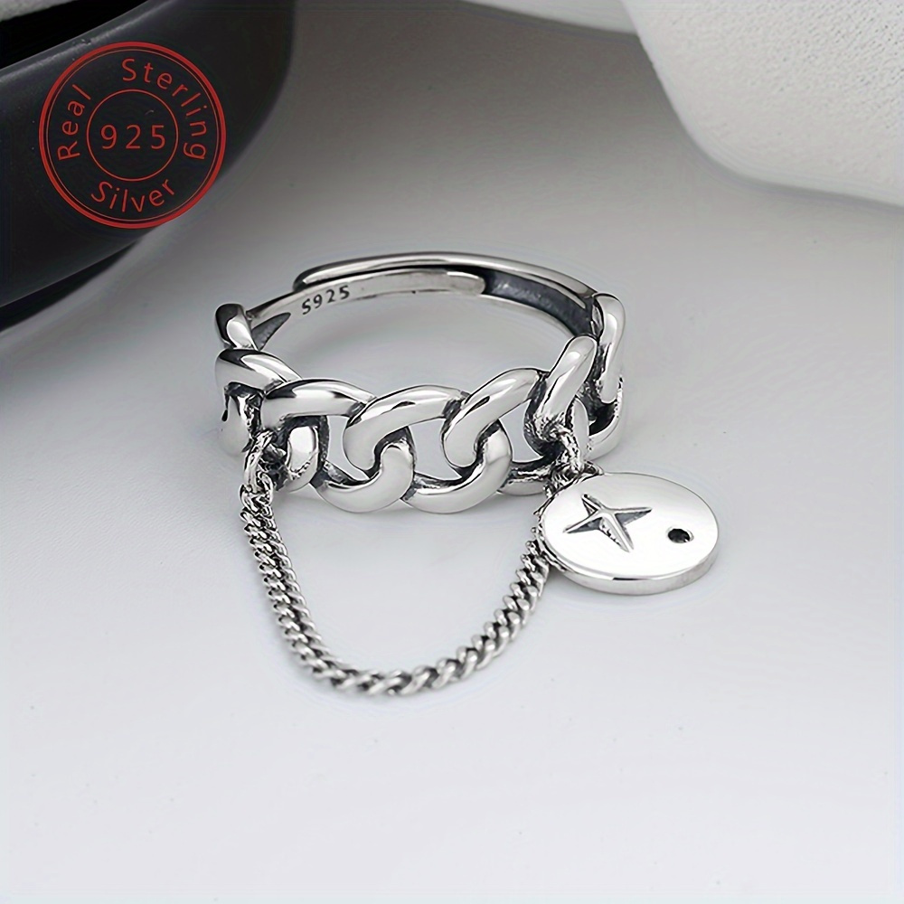 TEMU Retro Twisted Round Charm Chain Design 925 Sterling Silver Ring, Suitable For , Elegant Jewelry Accessory For Men And Women