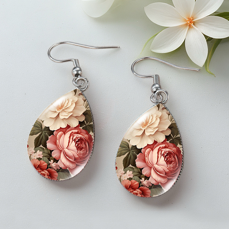 TEMU 1 di orecchini pendenti a con fiori di peonia opulenti, cupola in vetro a , gioielli regalo