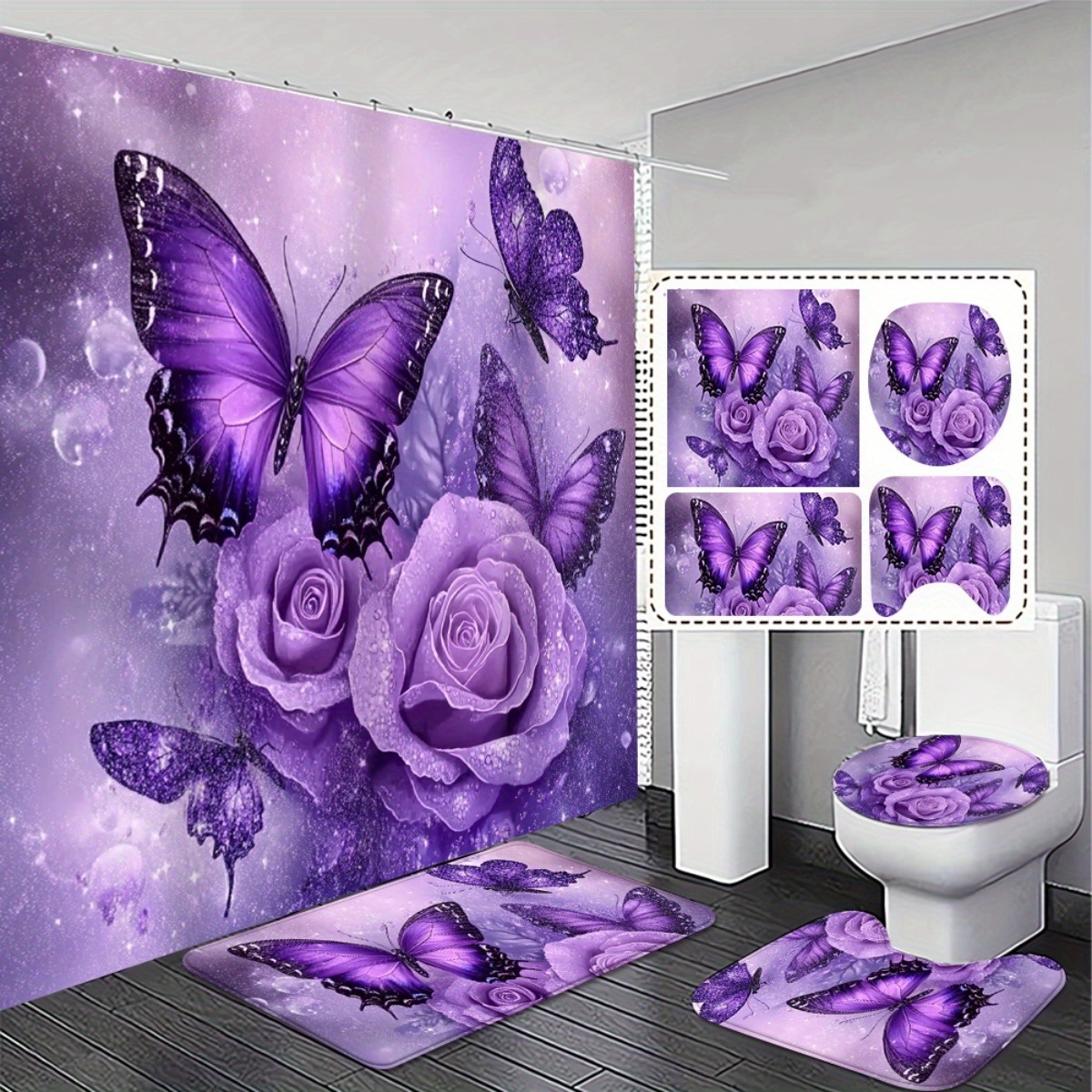 TEMU 2d Flat, 4pcs Bathroom Decoration Set, Elegant And Comfortable, Stylish Purple Shower Curtain Set With Non-slip And Toilet Lid Cover - 2d Flat And Bathroom Decor Exquisite And Decoration Gifts