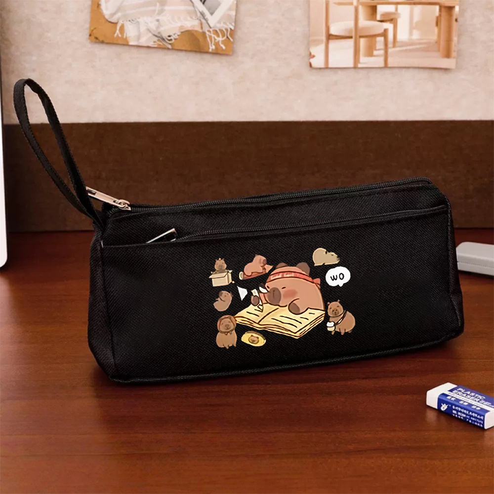 TEMU 1pc Trousse à crayons double couche grande avec illustrations de capybaras mignons, boîte à papeterie facile, article de rangement unisexe, sac