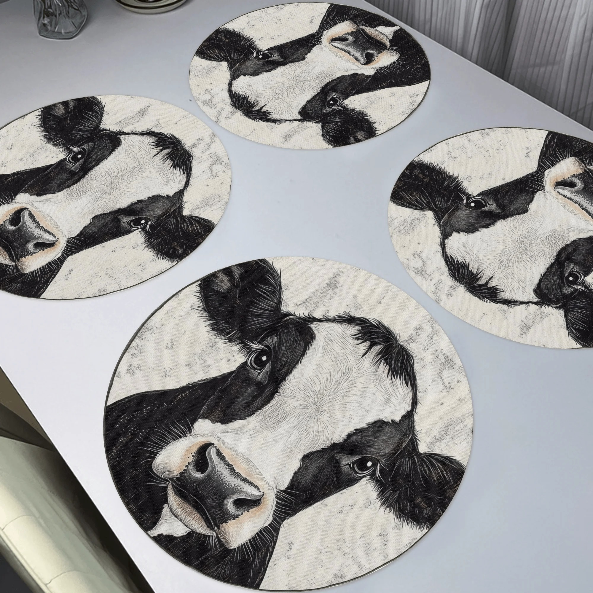 

4-pack Polyester Round Placemats With Cow Print, Woven Table Mats, Machine Washable, Non-slip, For Home Decor, Dinner Parties, Holiday Settings - 15x15 Inches