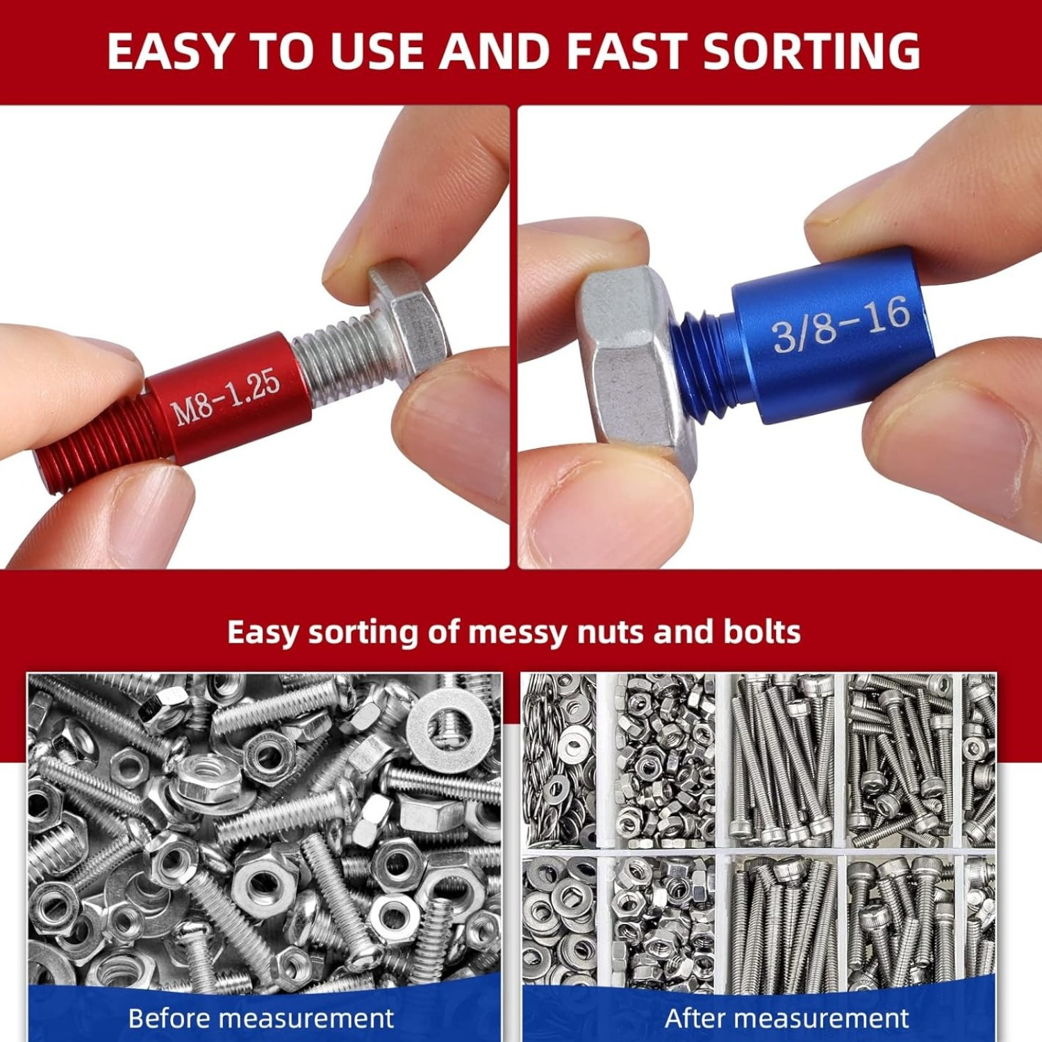 Juego de 26 piezas para verificar el hilo de tornillos y tuercas - Identificación precisa de tamaños SAE y métricos, medidor de identificación de tornillos y tuercas, kit esencial de hardware para mejoras del hogar para entusiastas y profesionales DIY, caja de aluminio - Imagen 8