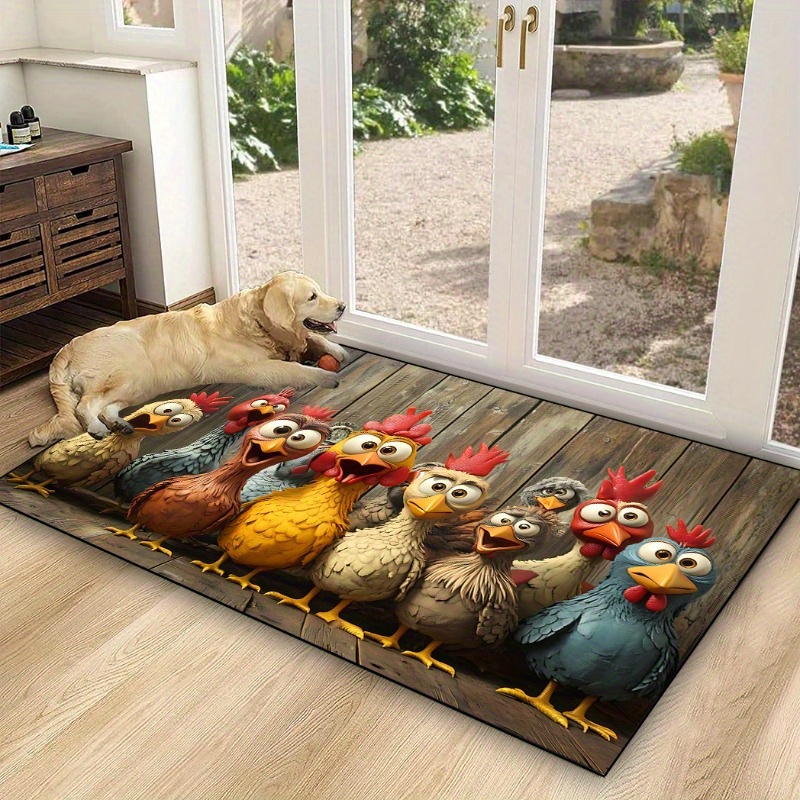 TEMU Aimzzasky Cartoon Chicken Print Rectangular Doormat, Durable Polyester Bonded Pile, 700g/㎡, Machine Washable, Knit Weave, Polypropylene Backing,