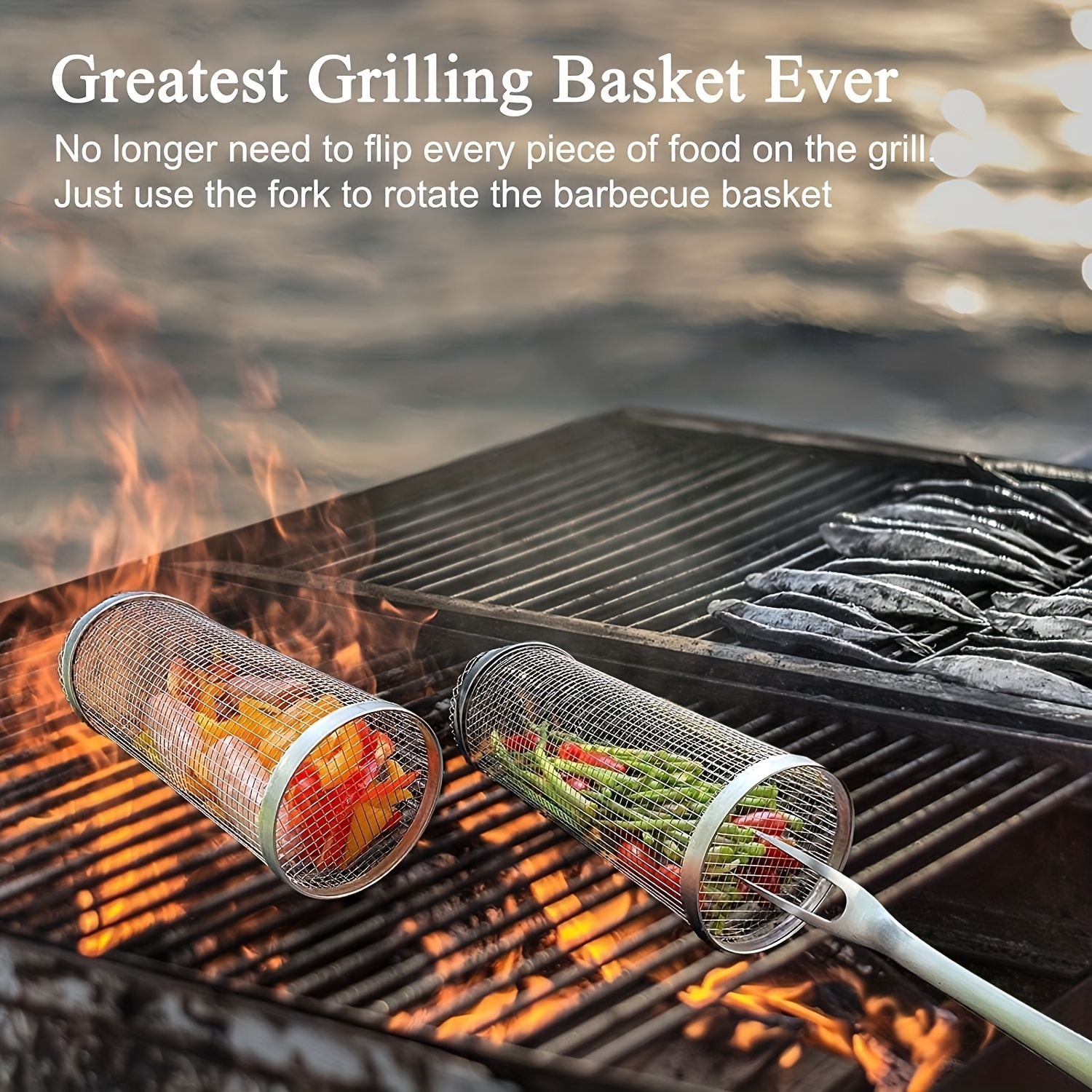 A Portable Cylindrical Stainless Steel Grill for Outdoor Camping, Featuring a Rotating And Rolling Barbecue Basket, a Barbecue Stand, And a Circular Stove Suitable for Camping And Picnics, Ideal for Outdoor Cooking