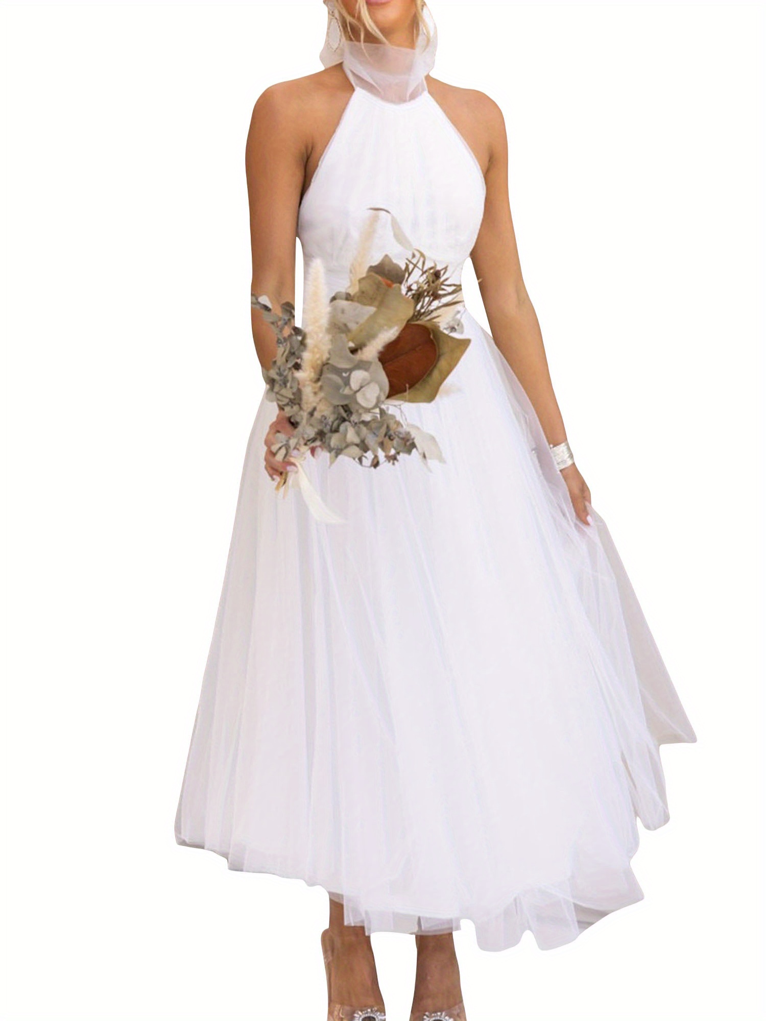 womens backless long dress adjustable tie halter neck tulle - Temu