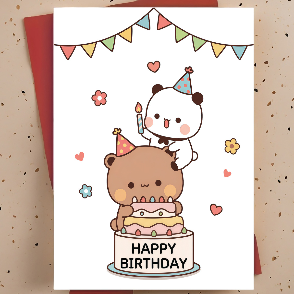 Image of 1 Adorable And Sweet Birthday Card For /partners – Hand-drawn Panda Birthday Cake Cartoon, Card, Includes Envelope