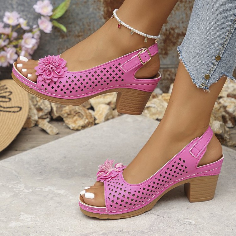 Large Flower Thick Heel 202 Fashionable Casual Beach Plus Size Sandals, Women Shoes