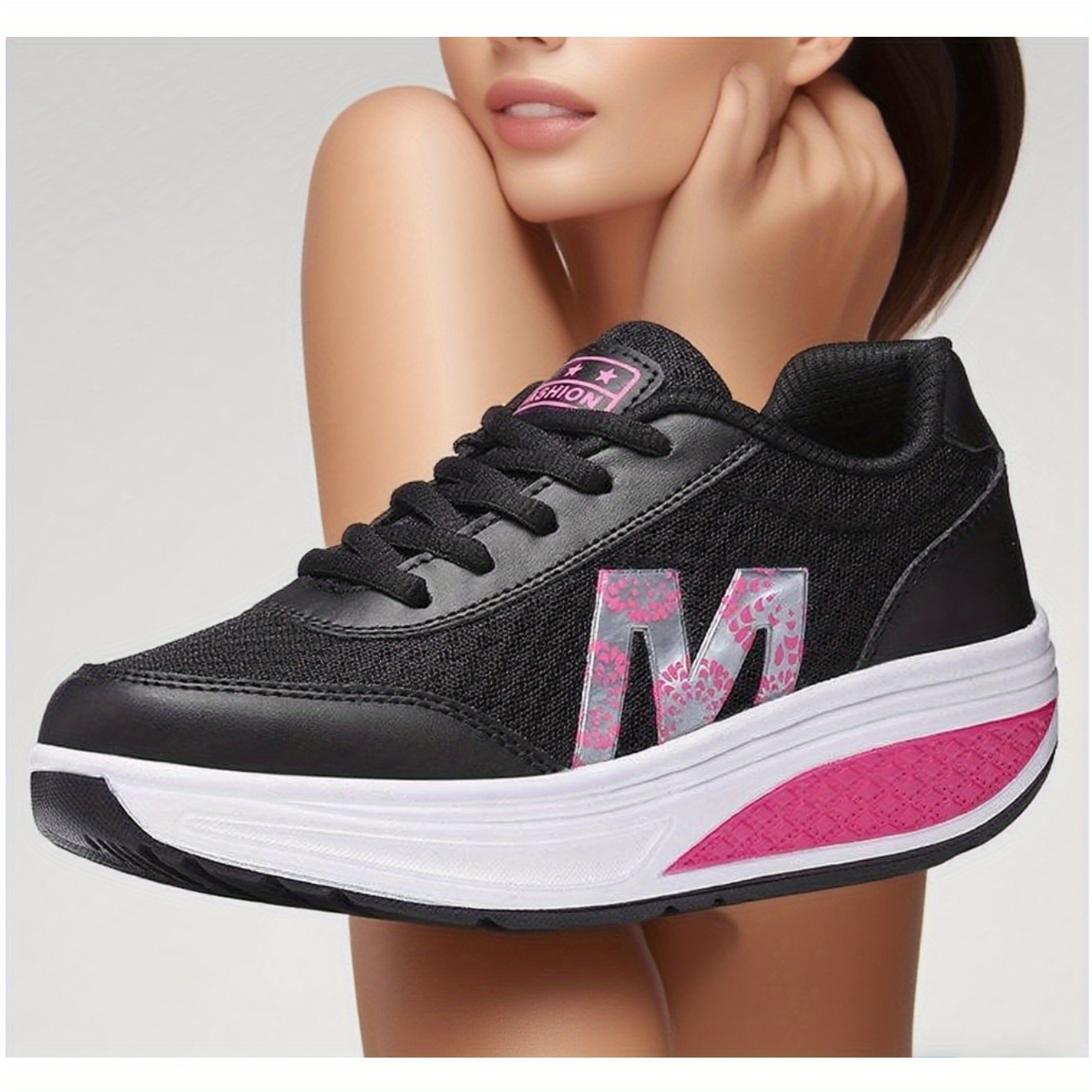 womens rocking sole sneakers with sparkling accent low top breathable mesh upper cushioned sole suitable for walking gym commuting round toe traction for casual athletic hand washable women shoes