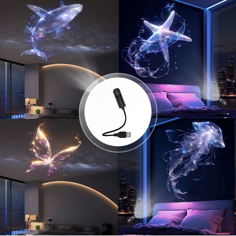 TEMU Veilleuse de projection portable USB Créature de rêve - Diapositives de interchangeables 5 pièces, lumière ambiant LED - Veilleuse LED pour
