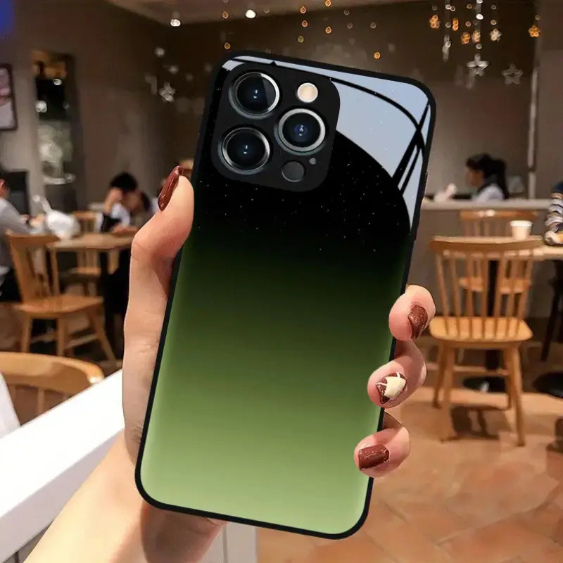 TEMU Phone Case: High End Business Starry Sky And Green Gradient Background Tempered Glass Phone Case, Suitable For For Iphone17, 17pro, 17 Air,