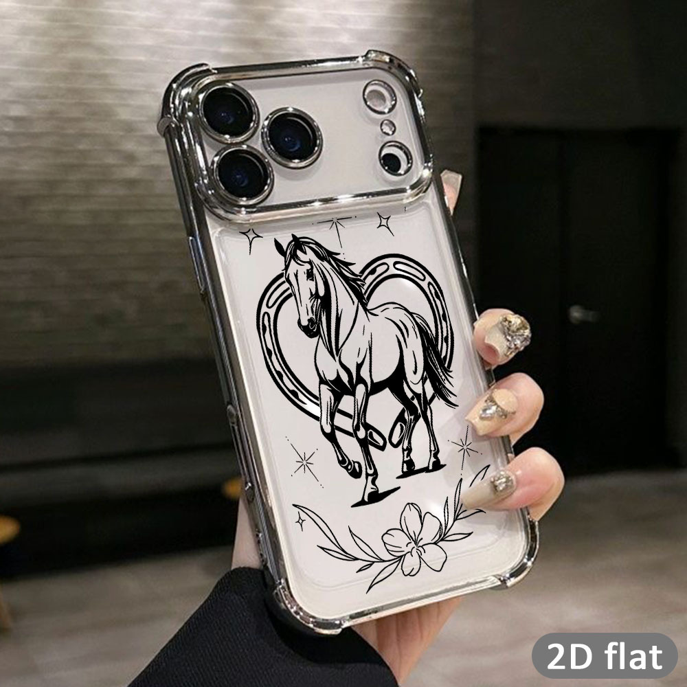 TEMU Phone Case: 2d Black And Horse Phone Case, Suitable For Iphone 18 17 Air 16 16e 15 14 13 12 11 Pro Xr Xsmax 8 7 Plus, Electroplated Frame,