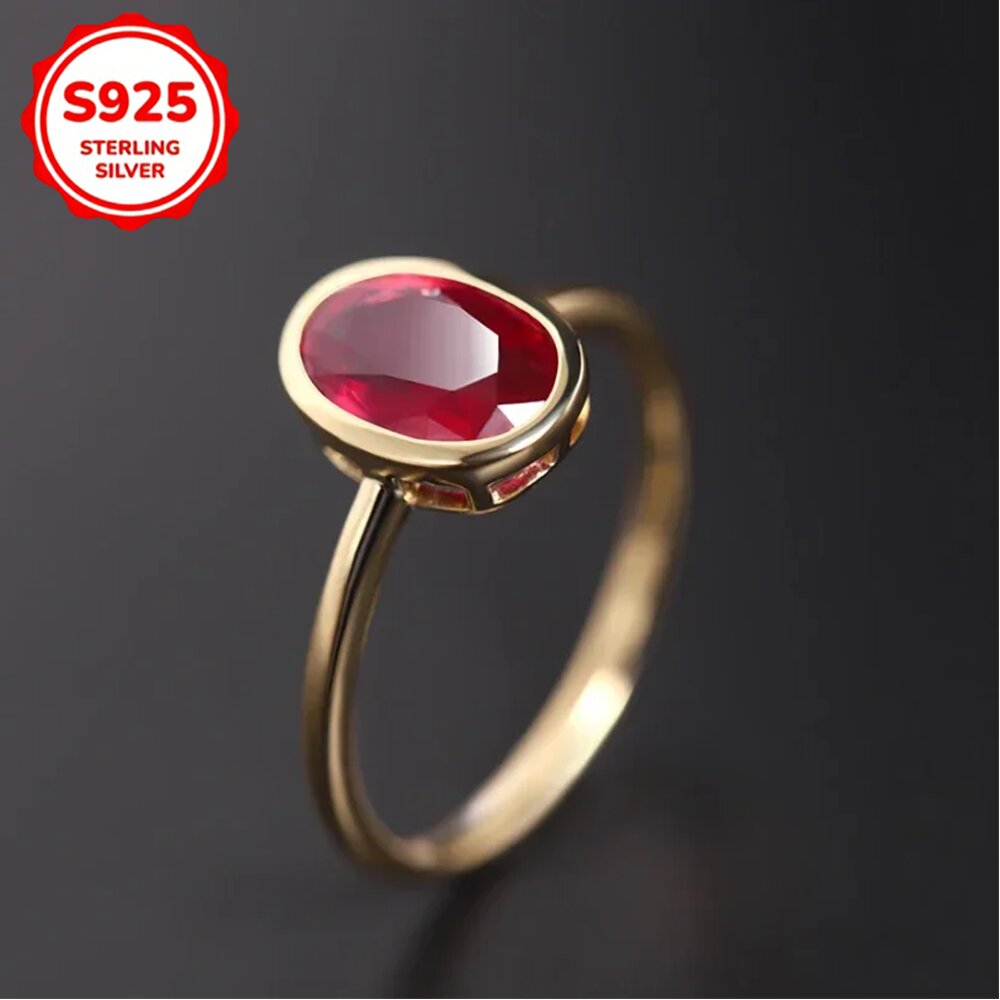925 Oval Women's Synthetic Ruby Ring Elegant, Lightweight, Luxurious, Open, Adjustable Wedding Engagement Silver Jewelry Gift