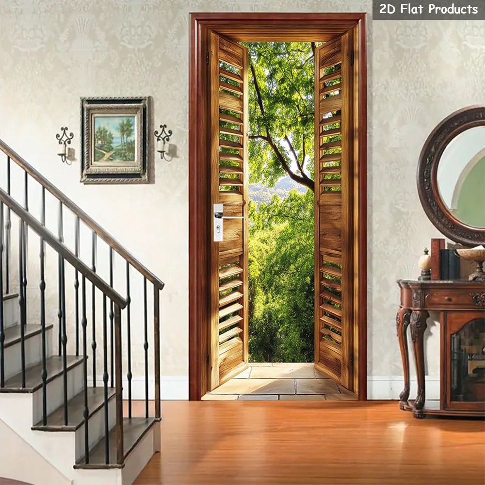 1 pair self   removable realistic 2d   window door decals peel stick sliding effect mural   nature landscape wallpaper for doors walls mirrors calming wood panel foliage stickers no residue 2d flat
