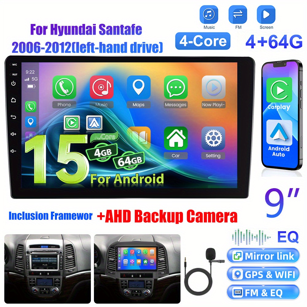 For Santafe 2006-2012 15 Car Stereo Compatible Upgrade With & Auto, 9” Ips Touchscreen, Gps, Wireless, Wifi, Ahd Backup, Dsp/fm/rds Radio, Mic & Swc System (left-hand Drive)