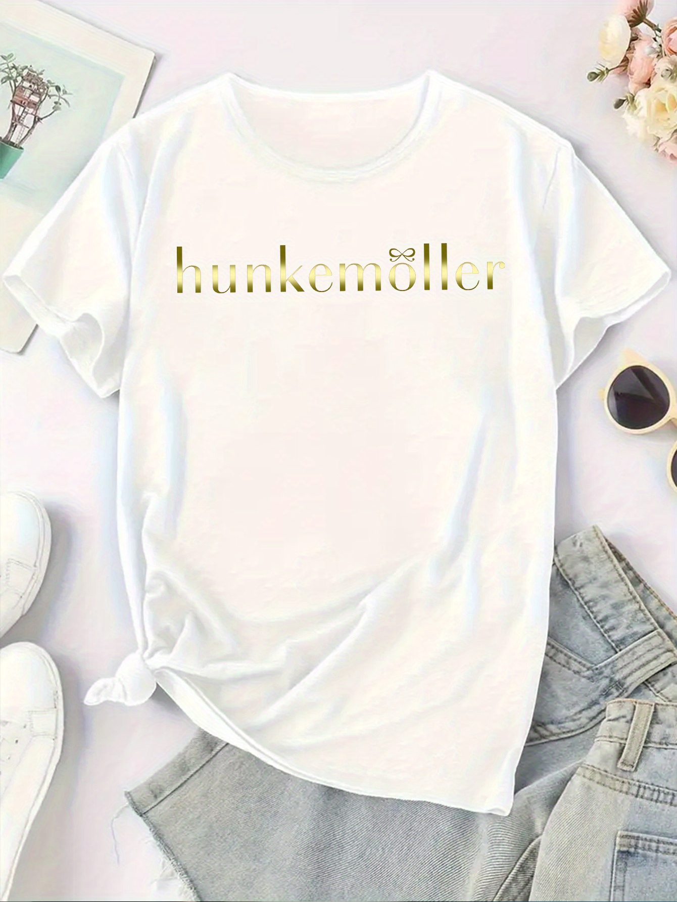womens elegant y2  graphic tee hunkem ller print brown casual short sleeve t shirt comfortable stretch fabric round neck     spring fashion top y2k fashion medium stretch fabric white 0