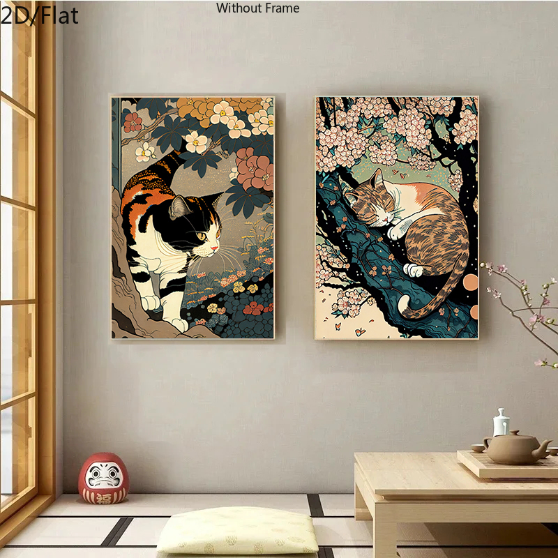 TEMU Lot de 2 panneaux d'art mural Chat -e japonais - sur toile verticales cadre pour salon, chambre, décoration - Peintures traditionnelles de chats