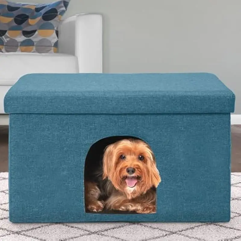 collapsible foldable pet house for cats small dogs 130lb capacity w plush ball toy ocean blue large 25 5 x15 x15 indoor living room furniture travel condo indoor dog house cozy enclosed design durable fabric cover Product details 2