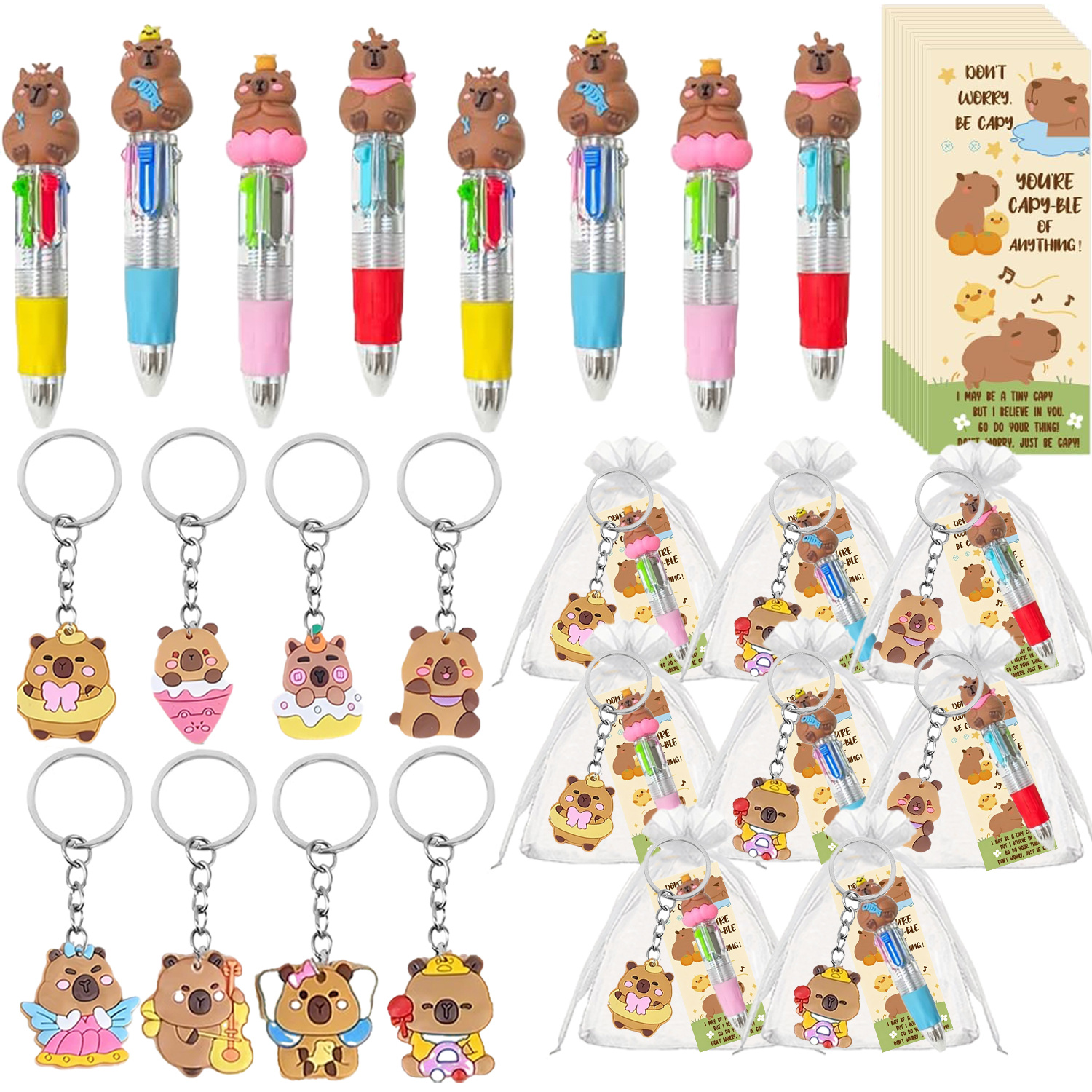 Gift For Her/him 32/40 Pack Capybara Party Favor Gift Set, Included Capybara 4-in-1 Ballpoint Pen, Keychains, Cards And Organza Bag, Capy Birthday Party Fillers ,halloween,christmas,back To School
