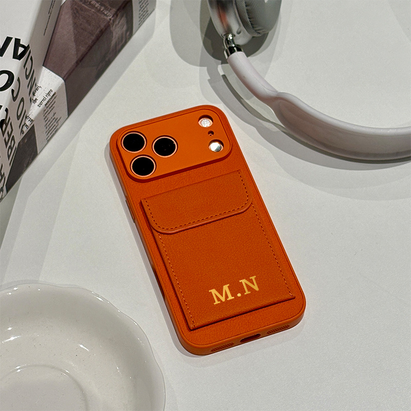 TEMU Phone Case: Custom Letter Pu Card Holder Phone Case - Minimalist Style With Letter Print And Card Storage Stand. Compatible With Iphone 17, 16,