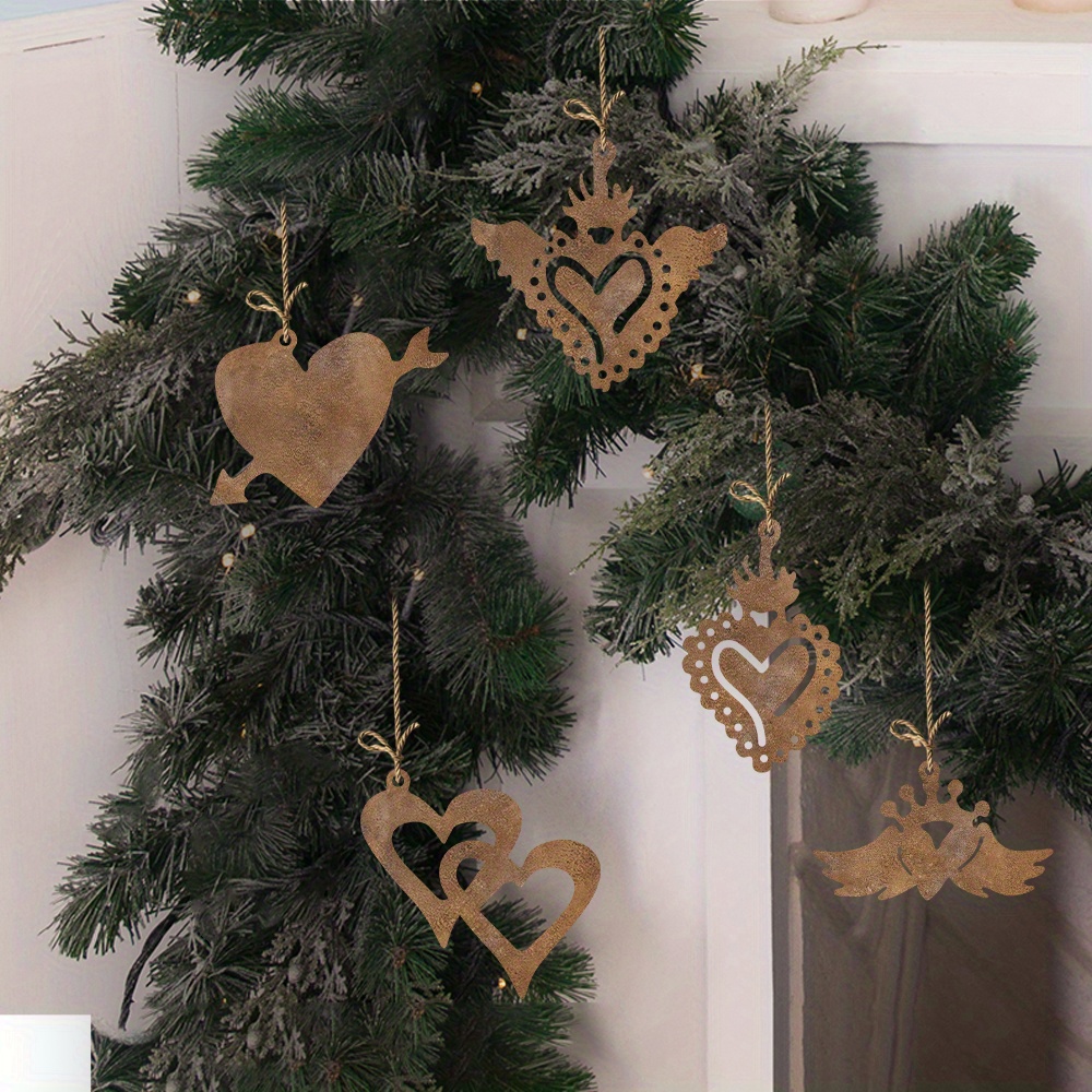 

5pcs Rustic Heart Charms Set - Vintage Metal Ornaments For Christmas & Valentine's Day, Tree Decoration & , Indoor/outdoor Use