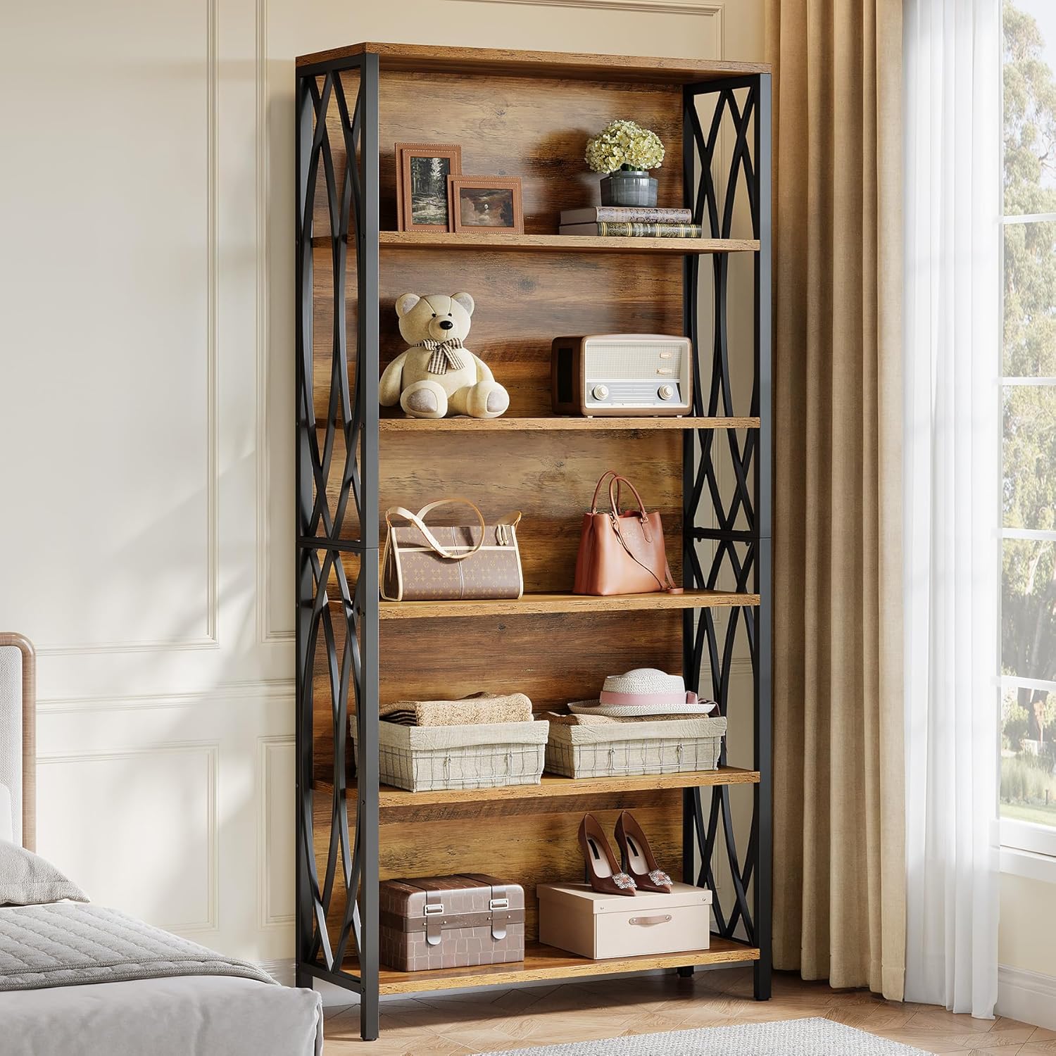 180cm Tall Bookcase, 6-tier Industrial Style Bookcase With Geometric Metal Frame And Open Shelves, Freestanding Shelf For Home Office, Living Room, Brown