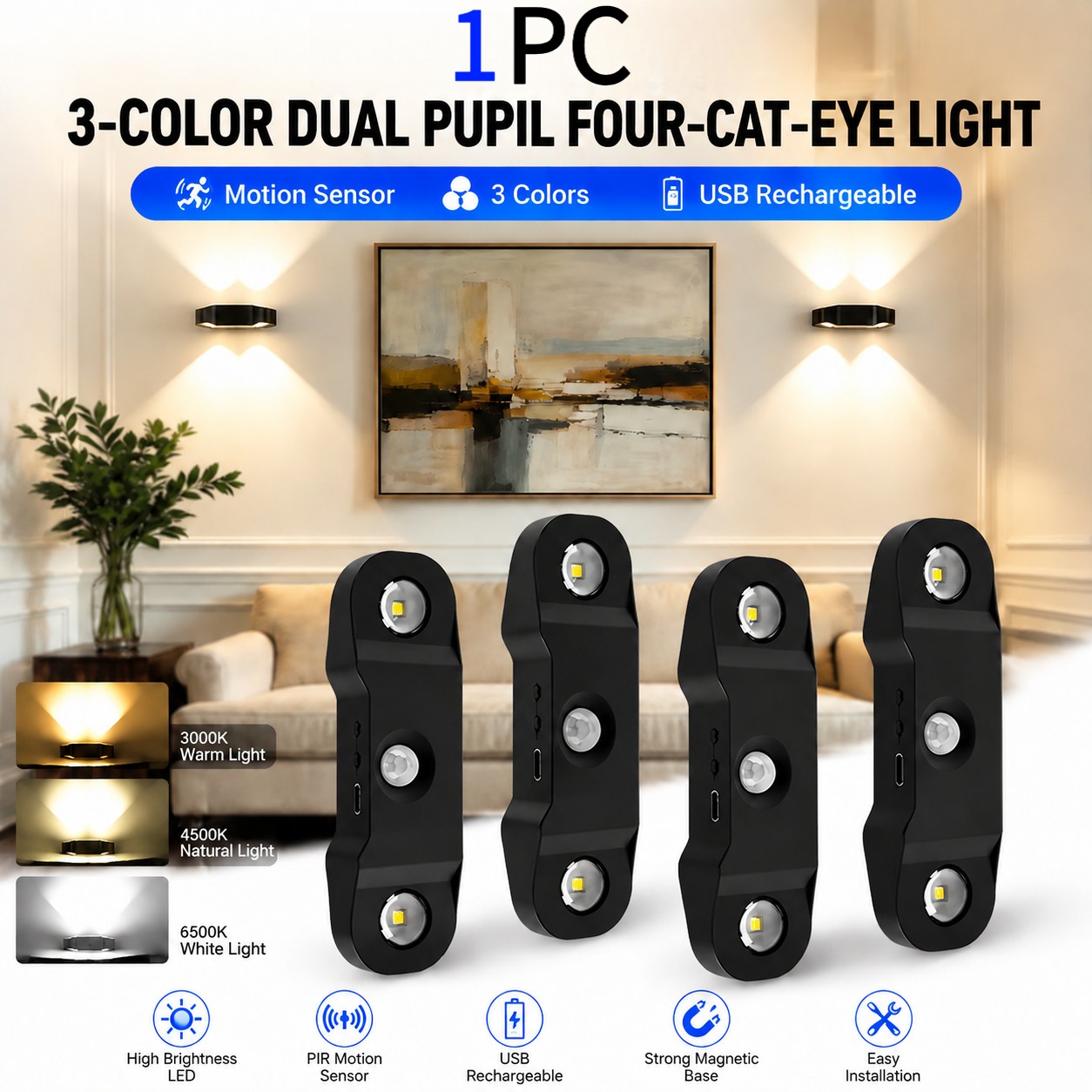 TEMU 1pc Cat Eye Motion Sensor Magnetic Wall Light, Per Light, 3 Adjustable Lighting , High Quality Design, Magnetic Mounting, Sensor, Usb