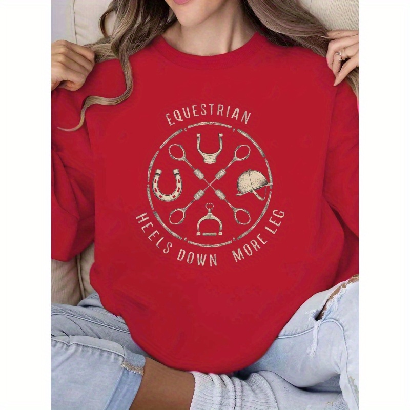 

Equestrian Helmet Graphic Crew Neck Sweatshirt - Casual Polyester , Machine Washable - Women' For Fall & Spring