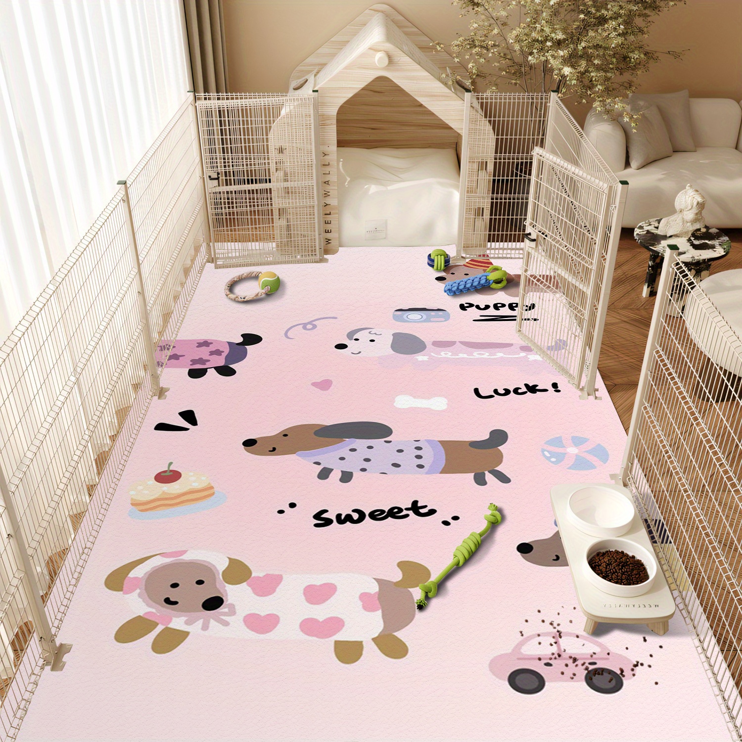 pink dachshund puppy design plush pet mat chew resistant non slip large dog bed washable polyester kennel pad with   cartoon hearts   multi size indoor outdoor pet mat for   dog mat indoor outdoor mat cute animal prints chewresistant material Product details 2
