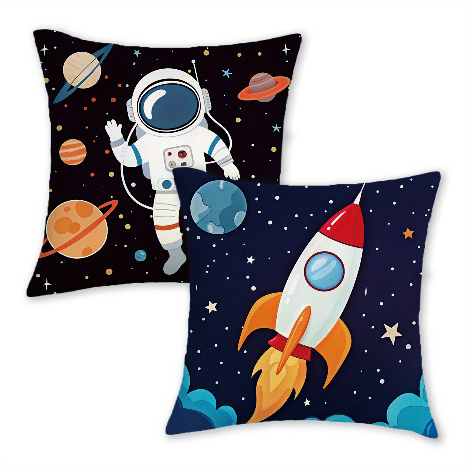 TEMU 2pcs Space-themed Room Decor Pillow Covers - Rocket & Astronaut Print Plush Cases With Zipper Closure, Soft Polyester-like Texture (no Insert)