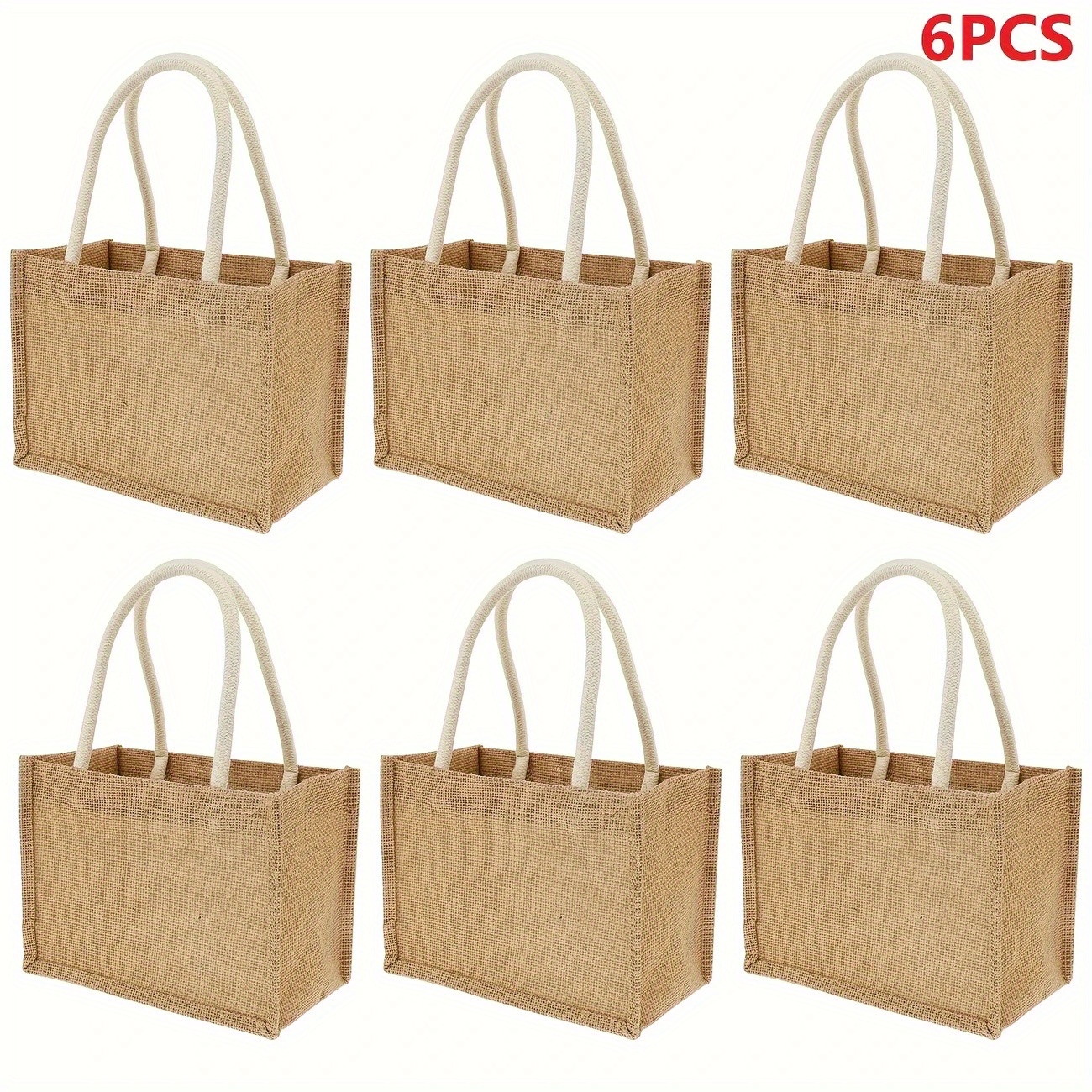 TEMU Set Of 6 Mini Burlap Tote Bags, Perfect For The Beach, Featuring Handles And Made From Jute. Reusable Bags Are Versatile For Shopping, , School,
