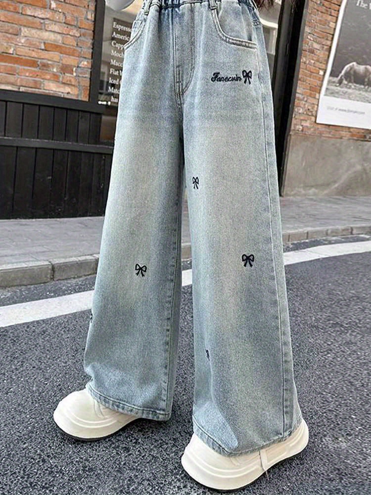 older girls jeans - 2025   & autumn styles, with trendy embroidery design, elastic waist, stylish, comfortable and full of personality, casual wear, seasonal wardrobe, fashion, stylish pants, soft material, quality stitching, flared pants, embroidered jeans, school outfits,   Product details 2
