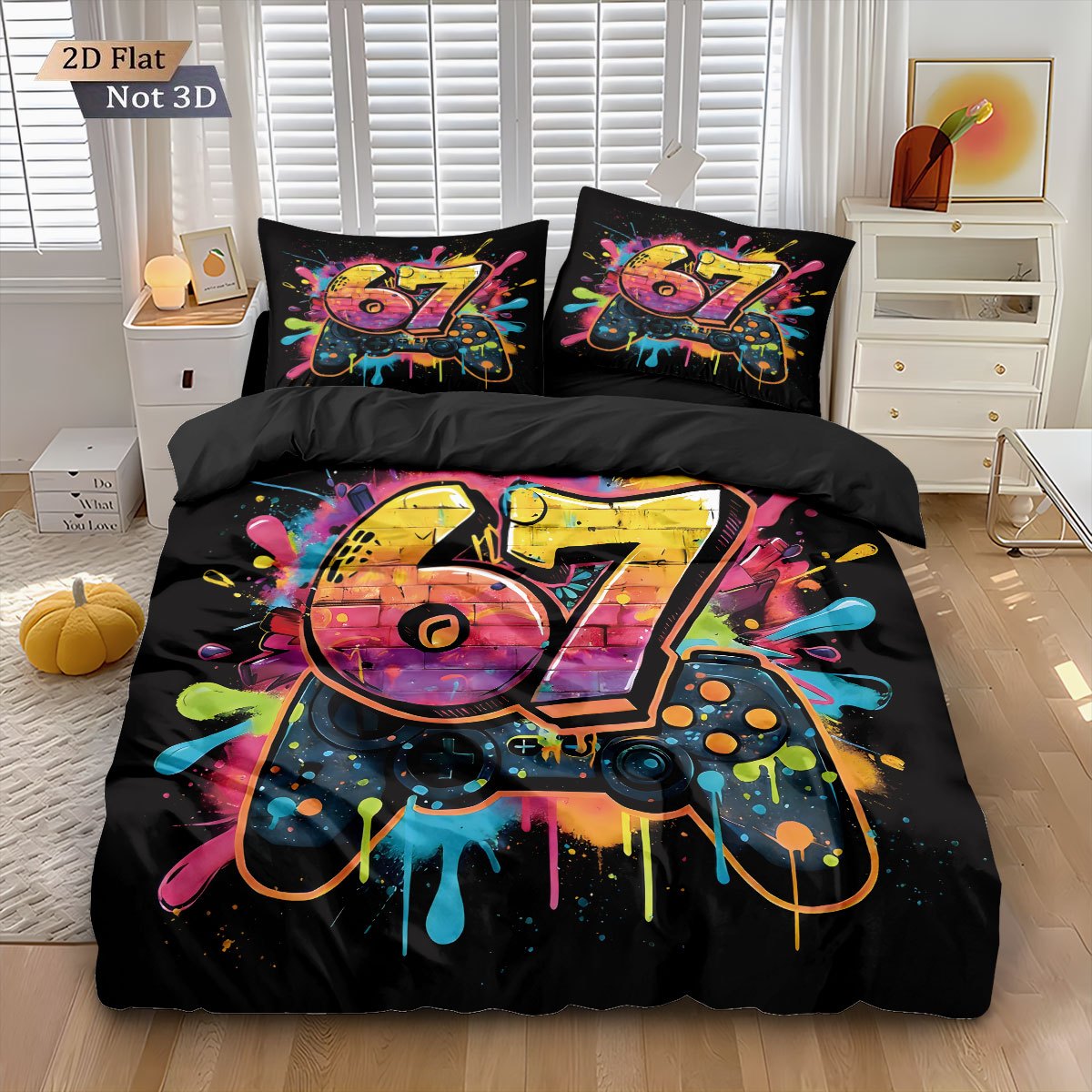 TEMU 3pcs Set, Game Controller, 6 And 7 Pattern Print Bedding Duvet Cover Set, 1* Duvet Cover + 2* Pillowcases, Core Not Included, Visual Artwork