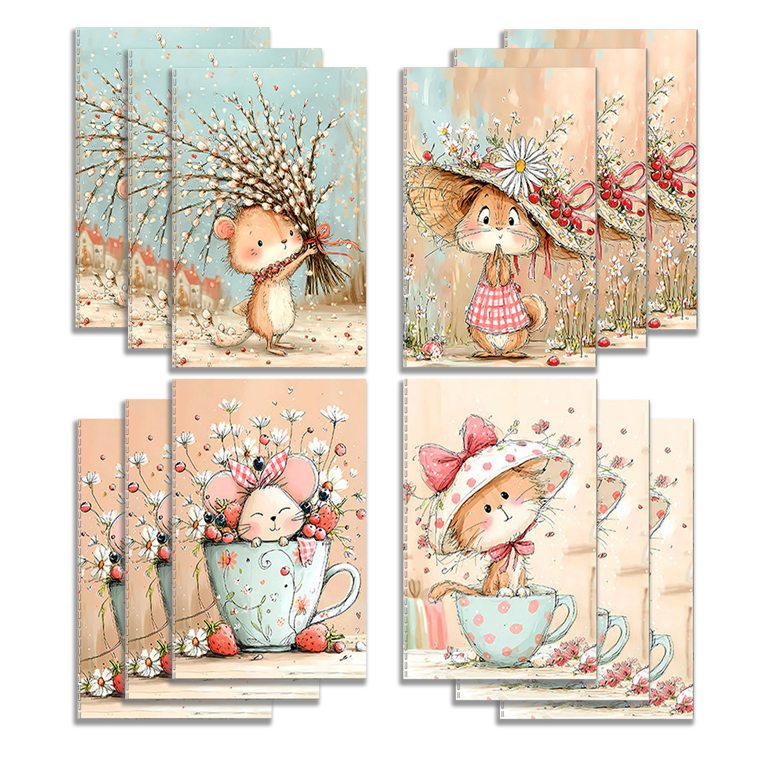 TEMU 12pcs/set Pocket Notebooks Mini Notebook, Spring Cute Mouse Watercolor Illustration Series, Suitable For Use, Note-taking, Journal Collage, And