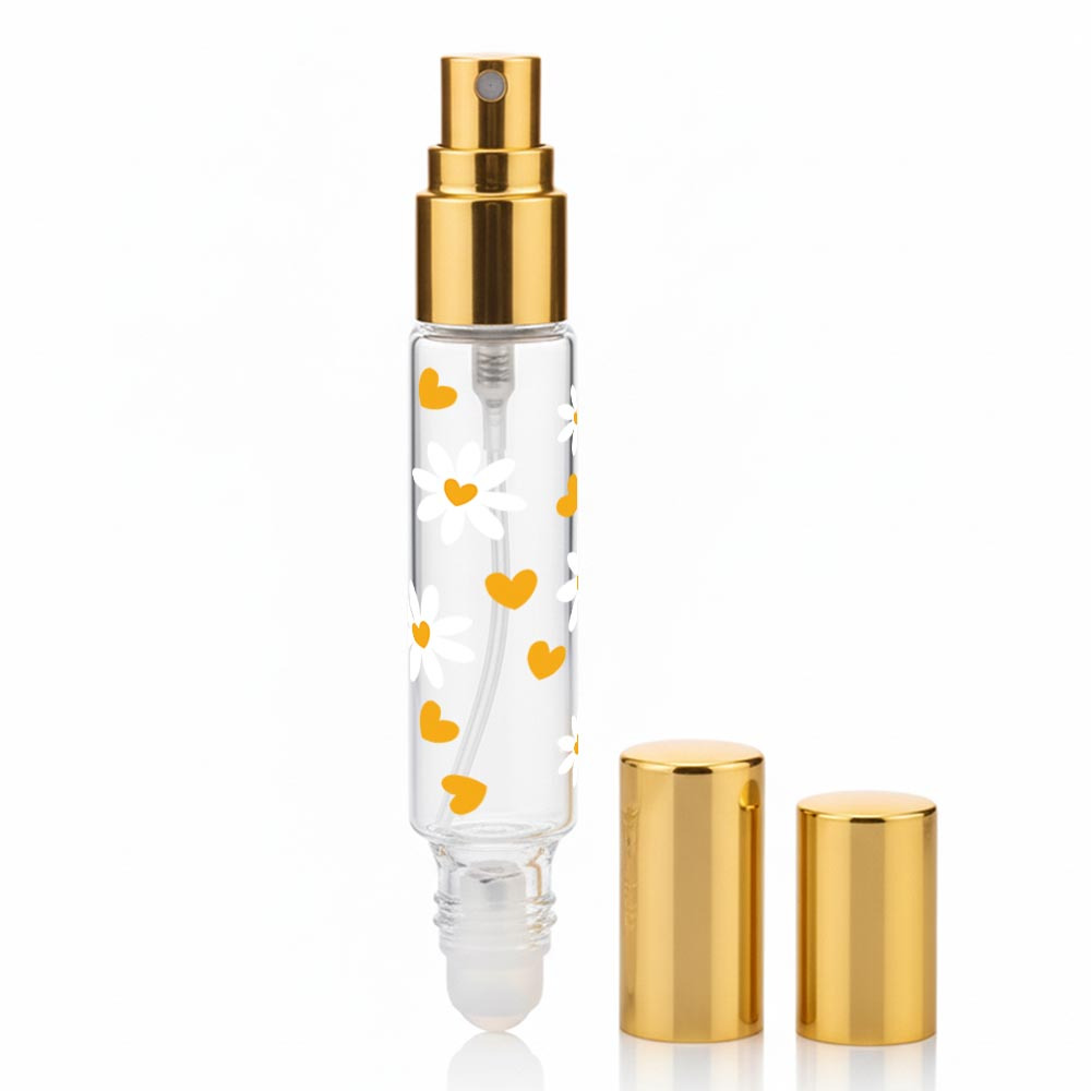 E-shop Doppelkopf 2-in-1 Parfümzerstäuber, Rollerball + Sprühfunktion, transparentes minimalistisches bedrucktes Design, goldene auslaufsichere