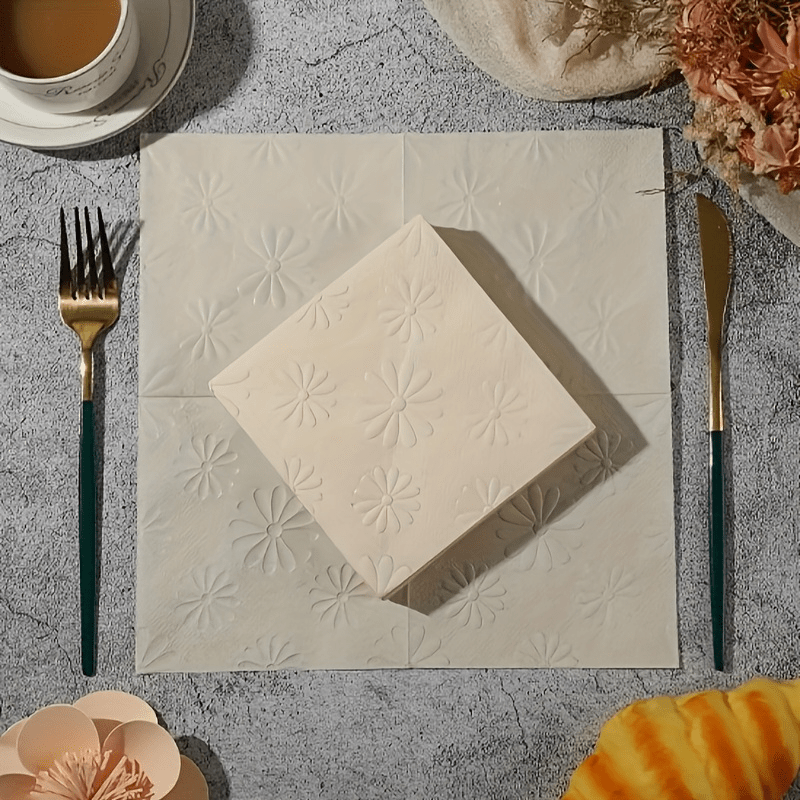 TEMU Beige Embossed Paper Napkins, Made , Chrysanthemum Pattern Disposable Portable Napkins, Suitable For Picnics, Weddings, Parties, Daily Use,