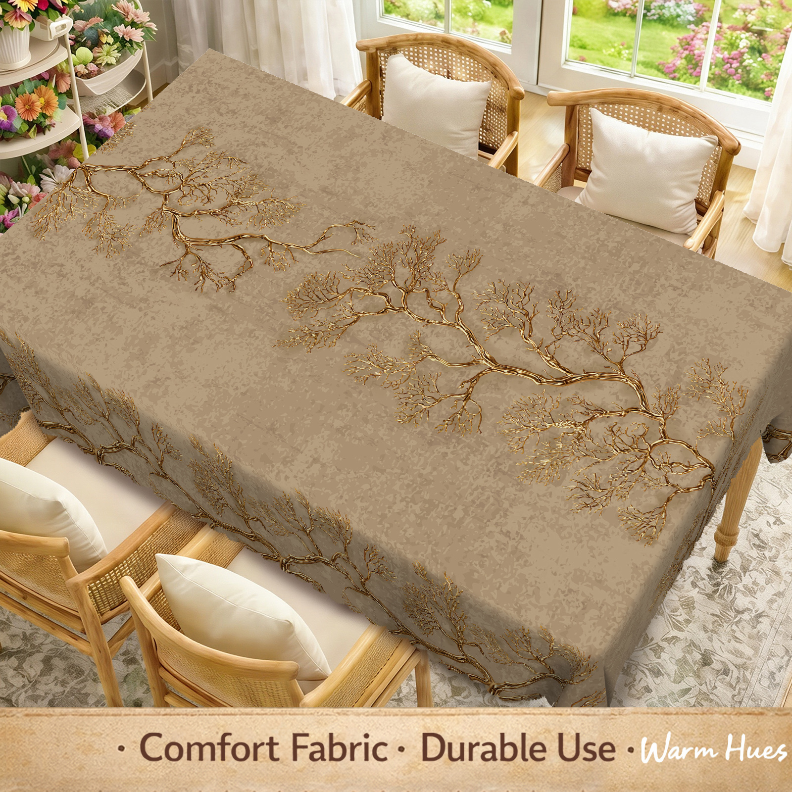1pc, Vintage Golden-Brown Tree Tablecloth, Elegant Golden Branch Print with Intricate Twigs And Leaves, Artistic Nature Design on Textured Beige Background, Botanical Style Table Cover for Dining Room, Kitchen And Home Decor, 7 Sizes Available