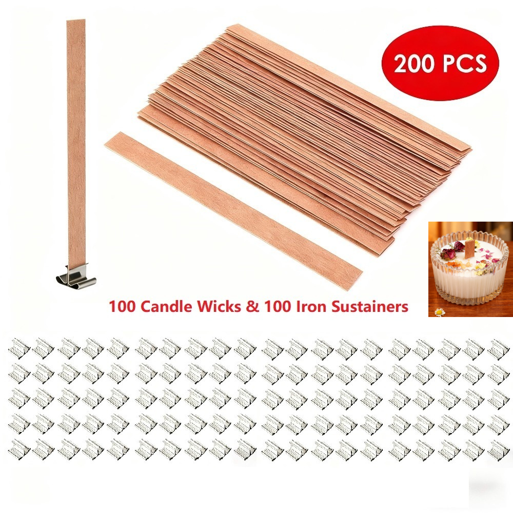 TEMU 200pcs Wooden Candle Kit (2 Packs) - Includes 100 Wooden (9cm/3.54inch) And 100 Iron Sustainers - Complete Candle Making Supplies For Handmade