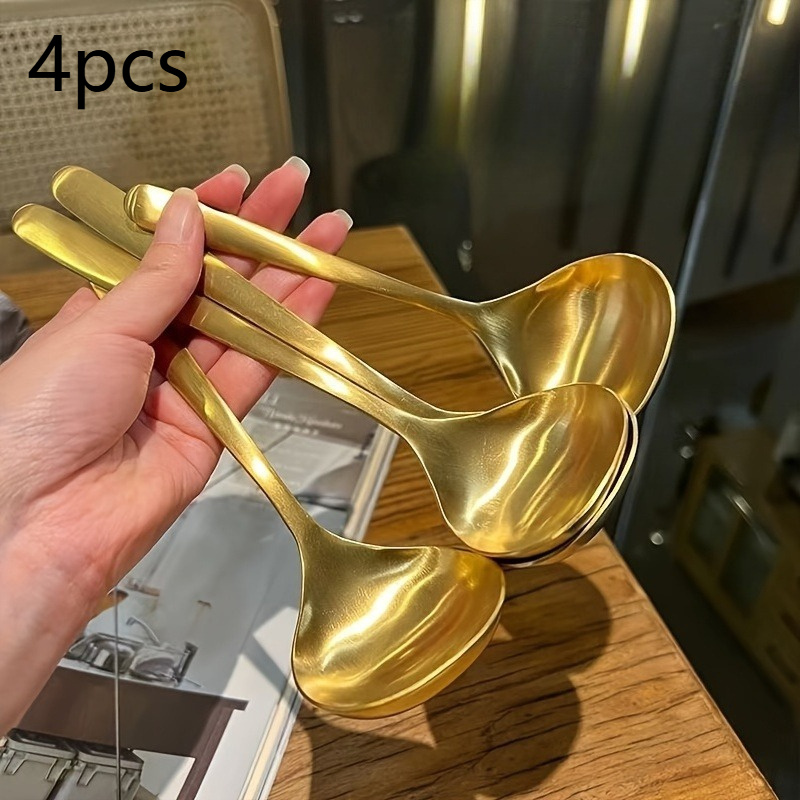 TEMU 4pcs Large Golden Stainless Steel Spoons Featuring Long Handles - Made From Thick Commercial-grade Stainless Steel, Ideal For Hot Pot, Soup, And